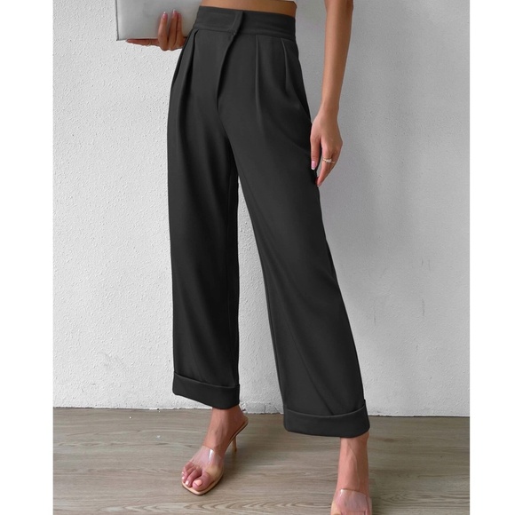 Classic Pleated Cuff Hem High Waisted Trouser Pants - Picture 3 of 5